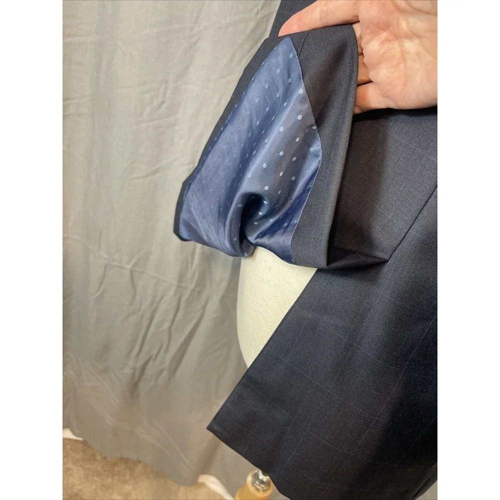 Jos A Bank 1905‎ Navy Blue Plaid Wool Sport Coat Blazer 46R Office Evening